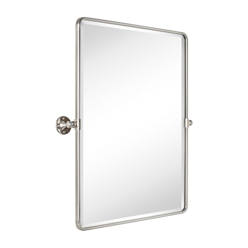 Image of Farmhouse Pivot Rectangle Bathroom Mirror Brushed Nickel Metal Framed Tilting Beveled Vanity Mirrors for Wall, Overall 27.91x 30 inches (Mirrror 24 x 30 inches)