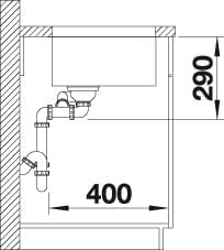 Side view technical drawing of BLANCO ANDANO 522979 sink showing plumbing connections and depth of 290mm from countertop to drain outlet.