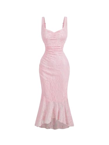 Image of GORGLITTER Women's Lace Bodycon Fishtail Midi Dress Graduation Prom Wedding Guest Y2K Ruched Asymmetrical Summer Dress