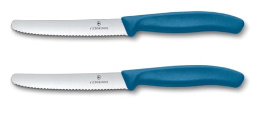 Victorinox Swiss Classic, Couteau à petit déjeuner, Couteau à pain, Lame tranchante, dentelée, 11 cm, Manche plastique, Acier inoxydable, Set 2 Pièces, Bleu