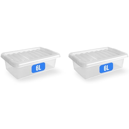 KAPCO Under Bed Storage 6L Set of 2 Small Plastic Boxes with Lids | Clear Nestable Plastic Garage Storage Tubs | Compact Shoe Box with Clear Lid | Stackable BPA-Free Underbed Boxes| 6 Litre