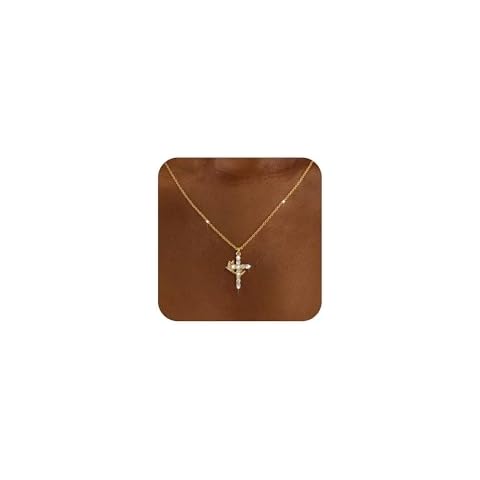 Tewiky Cross Necklace for Women-Cute 14k Gold Plated Crown Cross Pendant Necklaces Simple Diamond Gold Necklaces Faith Cross Jewelry First Communion Necklace Cover