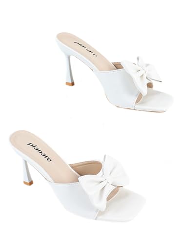 Women's White Bow Heeled Mules Open Toe Slip-On Stiletto Sandals with Square Heel and Elegant Design Stylish Summer Shoes for Date, Wedding, Party, and Dressy Occasions