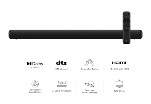 TCL S45HE Soundbar 2.0 Kanal, 100W Heimkino-Lautsprecher, Dolby Atmos, DTS Virtual:X, Sound Expansion, Bluetooth 5.2, HDMI eARC, USB, Optisch, Wandmontage möglich, Eine Fernbedienung