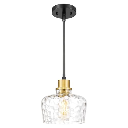 Emak Modern 8 Inch Pendant Lights Kitchen Island Black and Gold Pendant Light Fixtures with Hammered Glass Shade Farmhouse Island Lights for Kitchen Dining Room Bathroom PL122-BKBGD-HG