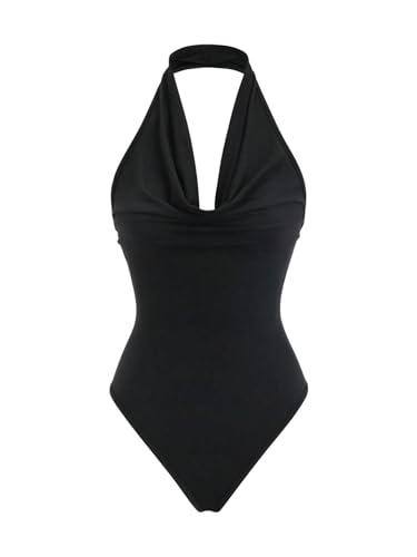 GORGLITTER Party Top Damen Sexy Body Rückenfrei Damenbody Neckholder Top Bodysuit Mit Drapiertem Kragen Stringbody Festival Outfit Schwarz S