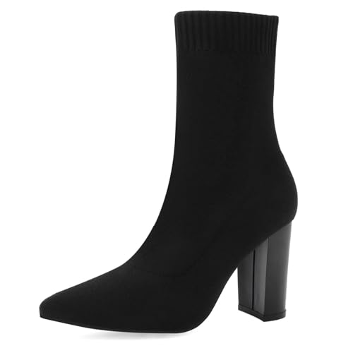 Shoe'N Tale Women's Ankle Boots Pointed Toe Chunky High Heel Slip-on Stretchy Booties Shoes