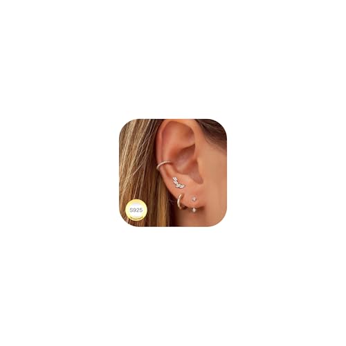 FIOROYAL 4Pares Pendientes Mujer Plata de Ley 925- Chapada en Oro de 14K Pendientes Dorados para Piercing Oreja, Pendientes Pequeños Aros Ear Cuff Plata para Múltiples Piercings G
