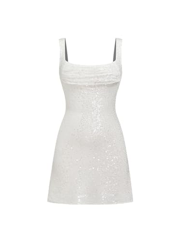 CIDER Mini Dress Sequin Ruched Bodycon Sleeveless U Neck Club Dress Night Out Middle Waist White