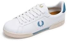 Fred Perry Mens Womens Unisex B722 B6311 Leather Tab Trainers Sneakers in White with Bay Ocean Blue Size 9.5 UK 44 EU