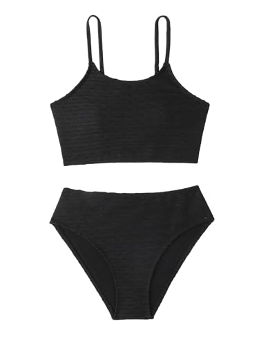 Image of WDIRARA Girl's 2 Piece Solid Ruched Swimwear Set Textured Tankini Tops and Bikini Bottoms Swimwear Sets Bathing Suit Black 9Y