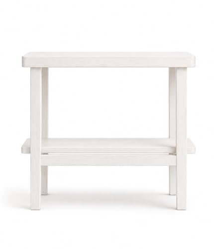Image of Solid Sheesham Wood Side Table with Storage Shelf, Modern End Table for Living Room & Bedroom, White Finish