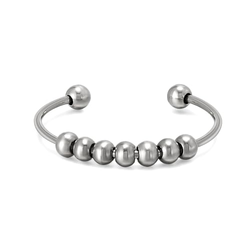 Kim Johanson® Anillo Anxiety de acero inoxidable para mujer en plata, oro y oro rosa con perlas móviles, resistente al agua, anillo antiestrés para mujeres, dos tamaños, Acero inoxidable, Sin piedra