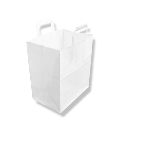 250 Sacs Kraft en Papier Blanc 26+17x29 cm avec Anses Plates - Sac Cabas et Sacs de Courses Polyvalents