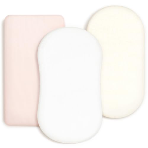 Image of GRSSDER Stretchy Ultra Soft Fitted Bassinet Sheet 3 Pack, Universal Fit for Bassinets Baby Cradle Moses Basket Oval Rectangle Mattress Safe and Snug, Jersey Bassinet Sheets for Girls, Cream/Pink/White