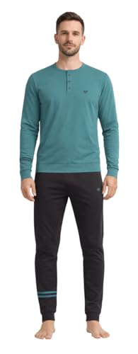 Essendo Pigiama Uomo Cotone Lungo Leggero Estivo - Pigiama Due Pezzi Chiuso in Fresco Cotone 100% Pettinato (IT, Testo, L, Regular, Regular, 1101 Verde)