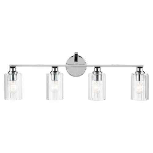 Image of Kichler Gioe 32.25 inch 4-Light Bathroom Vanity Light Fixture with Clear Fluted Glass in Chrome, Damp Rated for Over Mirror, Powder Room (32.25 inch W x 10.5 inch H), 55227CHFLU