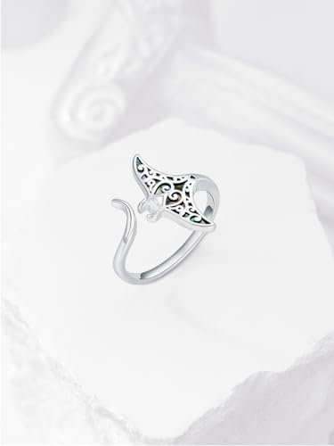 Shusukue Offener Manta-Rochen-Ring mit Abalone-Muschel, 925er Sterlingsilber, verstellbarer Manta-Rochen-Ring, Schmuck für Tierliebhaber, Ozean-Geschenk für Freundin/Tochter/Mutter