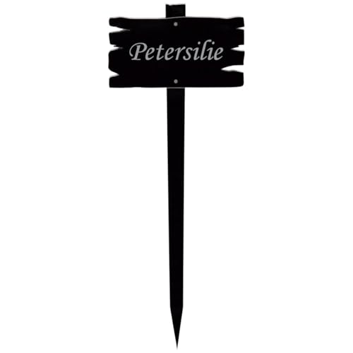 Bütic GmbH Acrylglas Pflanzschilder Holzbrettoptik schwarz - Gartenstecker, Kräuterschilder, Pflanzenstecker - Auswahl + Wunschname - wetterfest, Pflanzenname:Petersilie