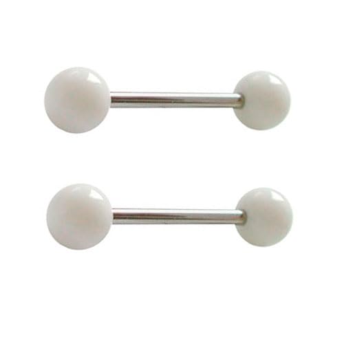 DENI 2 Piercings lengua con bolas blancas, barra 16mm de largo y 1,6mm de grosor