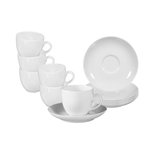 Seltmann Weiden Rondo/Liane - Set di 6 tazze da caffè con piattini, 200 ml, set classico per 6 persone, lavabile in lavastoviglie e microonde, in porcellana, colore: Bianco