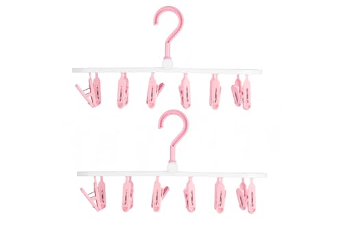 Image of Cloth Drying Hanger 12 Clips,360 Degree Portable and Foldable Clips,Baby Clothes, Clothes Drying Stand,Indoor Clothes, Space Saving, Travel Safe (Pink Pack of 2)