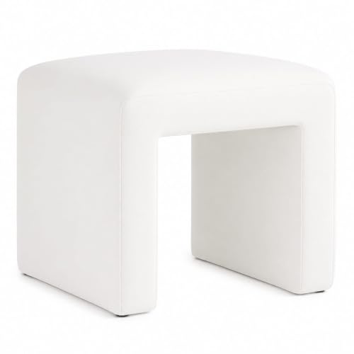 Image of Kundi Modern Boucle Vanity Stool Chair with Wooden Legs - Soft Ottoman Footstool for Makeup Room, Living Room, Entryway & Office (White) (White)