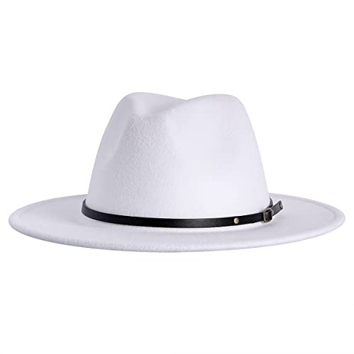 Revki Wide Brim Fedora Hats For Women Dress Hats For Men Two Tone Panama Hat With Belt Buckle (White) #TOP2