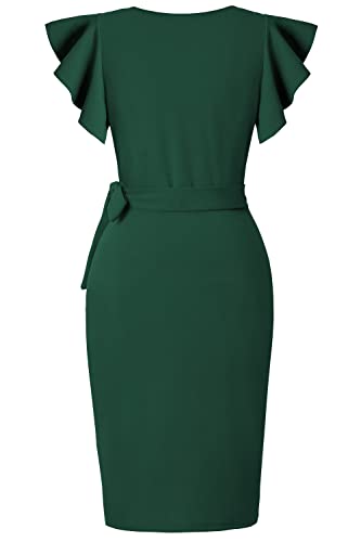 Image of oten Womens Deep V Neck Ruffle Sleeve Sheath Casual Cocktail Party Work Faux Wrap Dress