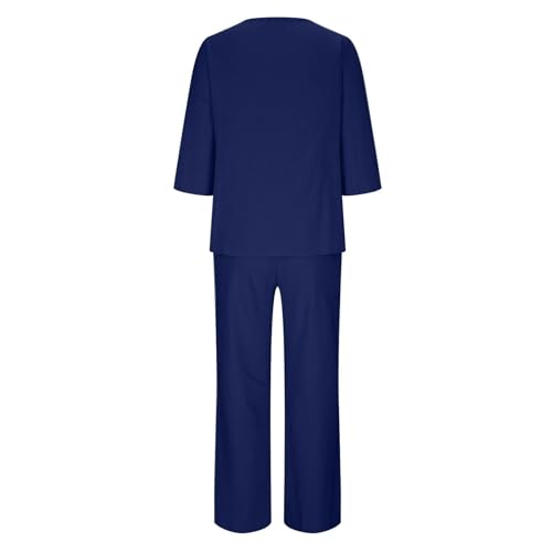 2 Piece Outfits Solid Color Loose for Women Linen Sets Summer Casual Suit 3/4 Sleeve Top Wide Leg Pants with Pockets2