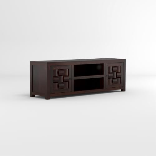 Image of Solid Sheesham Wood Entertainment TV Unit with 2 Door | Rosewood Tv Stand /TV Cabinet for Living Room | Bedroom | Wooden TV Panel with Shelf Stoarge | TV Table