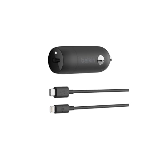 Belkin 20 Watt USB C Car Charger with Fast Charging for Apple iPhone 14, 14 Pro, 14 Pro Max, iPhone 13, 13 Pro, 13 Pro Max, Samsung Galaxy S22 Ultra & More (USB-C to Lightning Cable Included) - Black