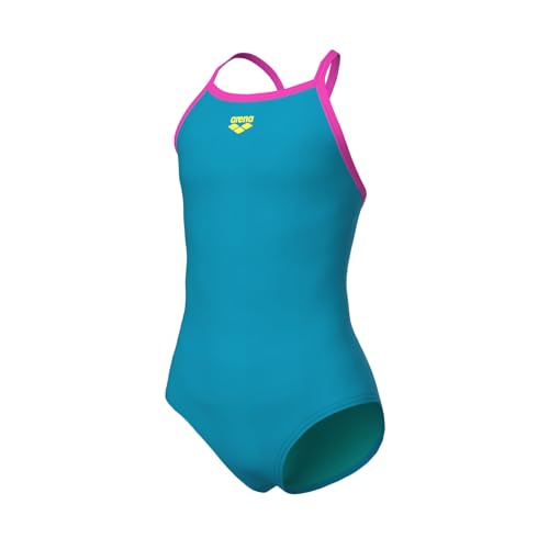Image of ARENA Feel Girls' Junior Solid Light Drop Back Swimsuit Thin Straps Chlorine Resistant Quick Drying Comfortable One Piece Bathing Suit, Eyeblush Blue /Shocking Pink, US Size 6Y /24