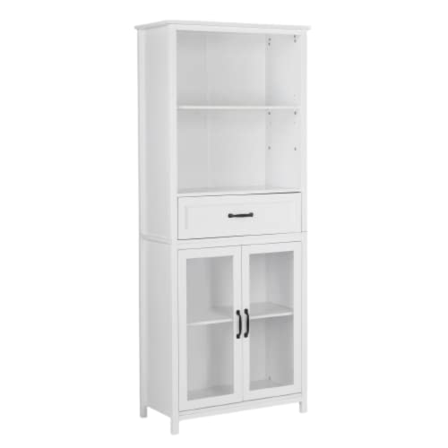 American Country Bookcase With Doors And Shelves - Bookshelf With Large Middle Drawer - Upper Shelf And Lower Two-Door Cabinet - Mdf Spray Paint Tall Storage Organizer For Home And Office - White #TOP18