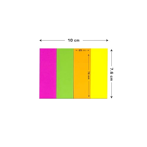 Image of Cubic Neon Sticky Notes - 4 Fluorescent Colours| Pack of 2 | 2.5cm x 7.5cm, 200 Sheets (1 inch x 3 inch) - Eye-Catching Self-Adhesive Page Markers for Notes | Reminders| Bookmarking & Office Use