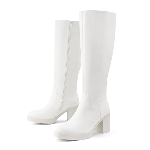 Image of Shoe'N Tale Platform Knee High Boots for Women Block Chunky Heel Round Toe Side Zipper Tall Boots