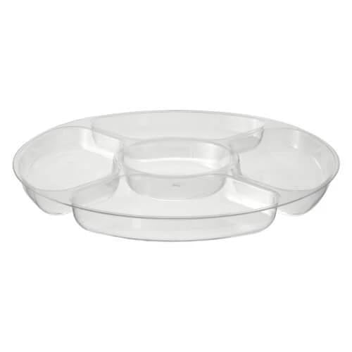 12 inch Clear Plastic 5 Compartment Round Tray - Large Disposable Serving Tray for Parties Catering Events Snacks Appetizers Dips Portion Control Food Presentation Stylish Party Tableware (6)