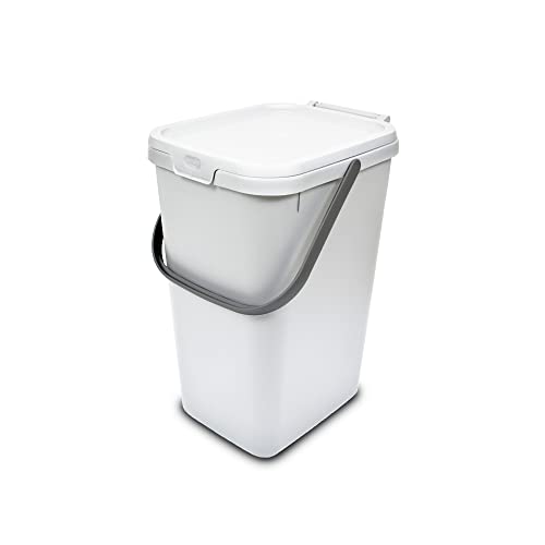 Addis 519227 Kitchen Recycling & General Storage bin 18 litres Stackable Food Waste Organiser Caddy with Clip lock lid & carrying Handle, White & Grey