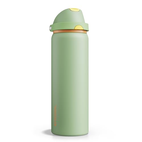 Image of Insulated Water Bottle with Straw - Encool Stainless Steel Water Bottle with Push Button Lid, Leak-Proof & BPA-Free, Keeps Cold for 24 Hours for Sports, Travel, Gym (32 oz, Lichen-Yellow)