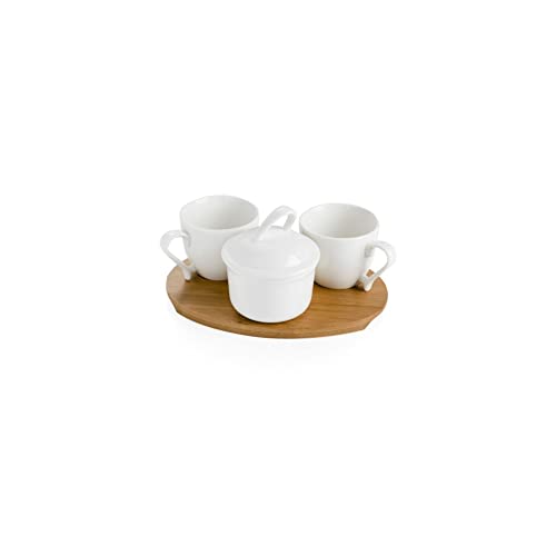 Brandani 54207 Coffee set 3 pz , 2 tazzine con zuccheriera, in porcellana bianca con vassoio bamboo