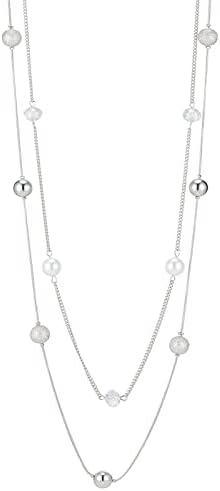 Silver Layered Long Necklace for Women Pearl Crystal Sweater Strand Chain Necklaces Fashion Gifts(White)