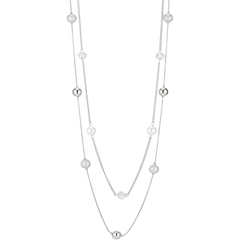 Silver Layered Long Necklace with Pearl and Crystal for Women Cover