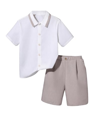 Image of Verdusa Boy's 2 Piece Outfit Casual Short Sleeve Button Up Shirt and Short Sets White Brown 11Y