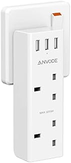 Double Plug Extension with 3 USB, 2 Way Plugs Adaptor Wall Charger Adapter, 13A UK 3 Pin Power Socket Extender for Home and Kitchen