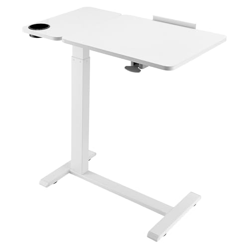 Happybuy Adjustable Overbed Table - White Mobile Workstation with Flip Top, 4 Hidden Wheels & Cup Holder, Height Adjustable from 25.4