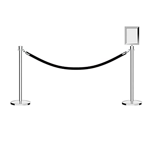 CCW Post and Rope Stanchion Kit with 2 Polished Stainless Steel Crown Top Posts, 1 Black Hanging Velvet Foam Core Rope (6ft.) in Polished Stainless SnapEnds and (1) 8.5x11 inch Vertical Sign Frame