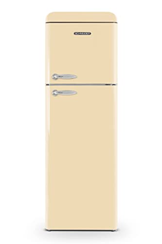 SCHNEIDER SCDD309VCR, Réfrigérateur 2 portes Vintage, 302L (227+75), Froid brassé, 3 clayettes verre, Pose libre, Thermostat réglable, Crème