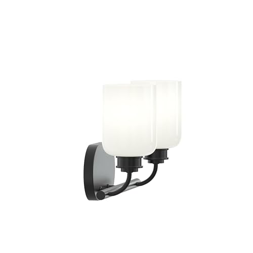Progress Lighting Reines 14.5 Inch 2-Light Vanity Light, New Traditional Light Fixture, Matte Black with Opal Glass Shades (9.5 in. H x 14.5 in. W, extends 6.25 in.), P300578-31M by Progress Lighting - Used condition - Image 5