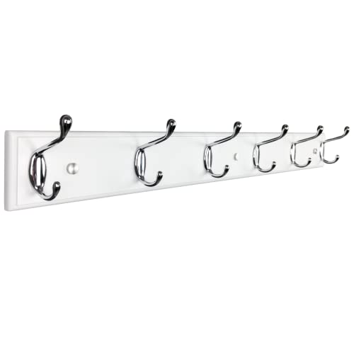 lomejii Long Wooden wall Mounted Coat Rack Wood White 6 Hooks, 70 cm, Sturdy Silver Coat Hook Rack for Clothes Hats, Bags - Image 2