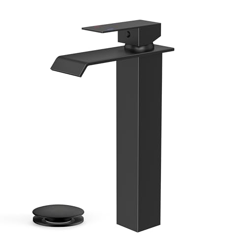 Grand robinet de salle de bains noir à poignée unique avec flexibles de raccordement